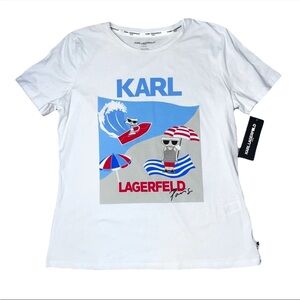 Karl Lagerfeld White Short Sleeve Blue Red Tee Shirt Beach NWT Womens Medium